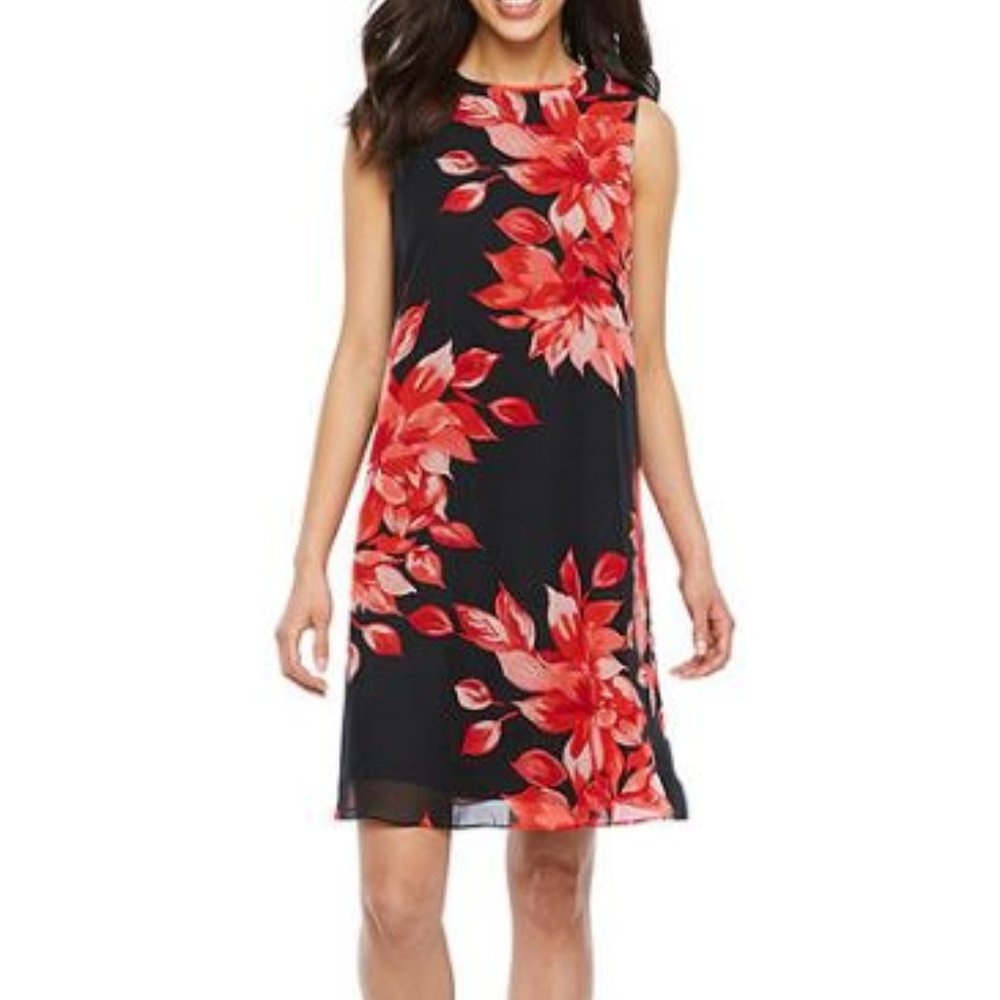 NWT Jessica Howard Black Red Floral Print Sleeveless Midi Dress size 8 Summer